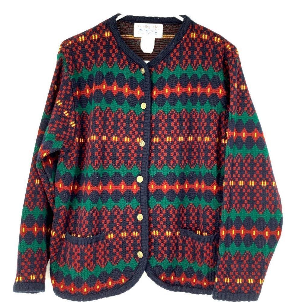 Tally Ho Womens Vintage Nordic Fair Isle Button Up Sweater Cardigan Large 3145